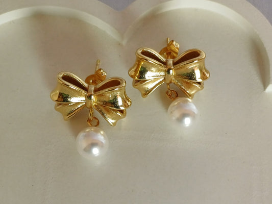 Golden Bow Pearl Studs